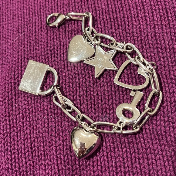 Charm Bracelet with Hearts, Rhinestone Star and Lock and Key in Silver-Tone - Picture 5 of 8